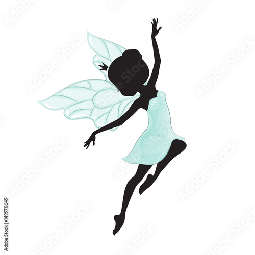 Silhouette of beautiful fairy. She is flying. She is in a blue gentle, air dress.