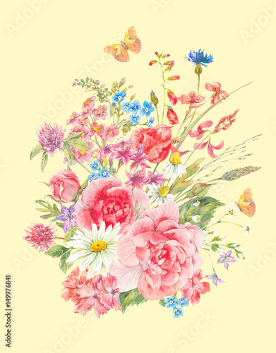 Watercolor bouquets of wildflowers and roses © depiano