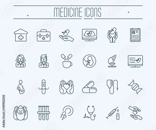 Set of thin line icons. Medicine and heathcare. Diagnostic of pregnant woman, newborn. Doctors with stethoscope. Medical equipment and medicine. Vector illustration.