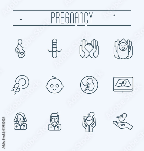 Pregnancy, obstetrics, gynecology thin line icons. Medicine symbols: pregnant, fetus and newborn baby healthcare, diagnostic equipment, doctors with medical tools. Vector illustration.