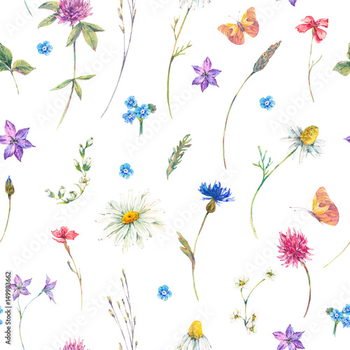 Watercolor seamless pattern with wildflowers