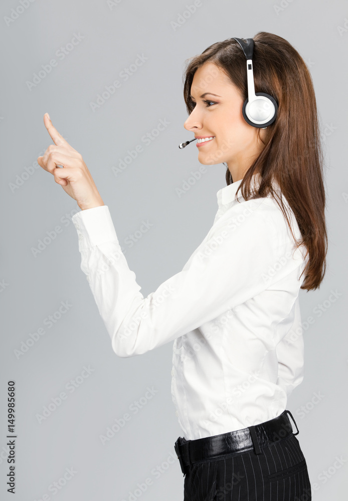 Support phone operator pointing, over grey Support phone operator pointing, over grey