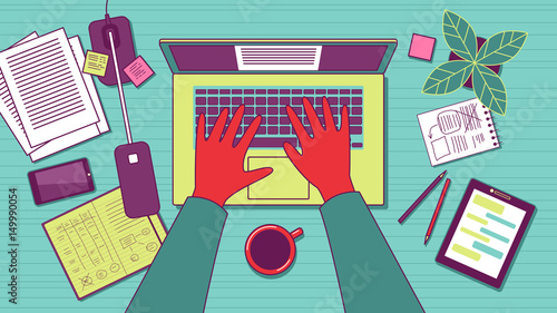 Man typing on laptop. Workplace top view. Clipping mask used.