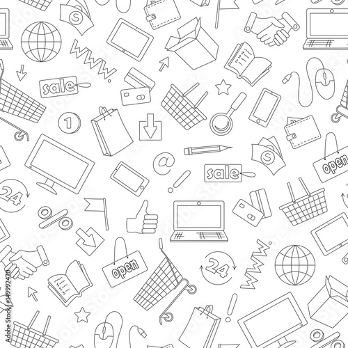 Seamless pattern on the theme of online shopping and Internet shops, dark contour icons on white background