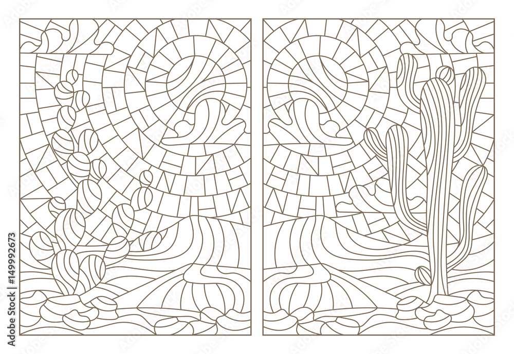 Set contour illustrations of stained glass with desert landscapes , cactus in a landscape of dunes and sky