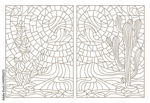 Set contour illustrations of stained glass with desert landscapes , cactus in a landscape of dunes and sky