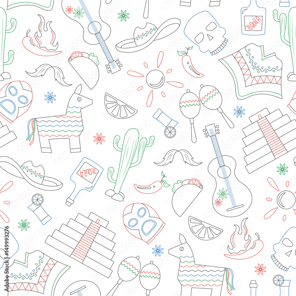 Seamless pattern on the theme of recreation in the country of Mexico, contour icons are drawn with colored markers on white background
