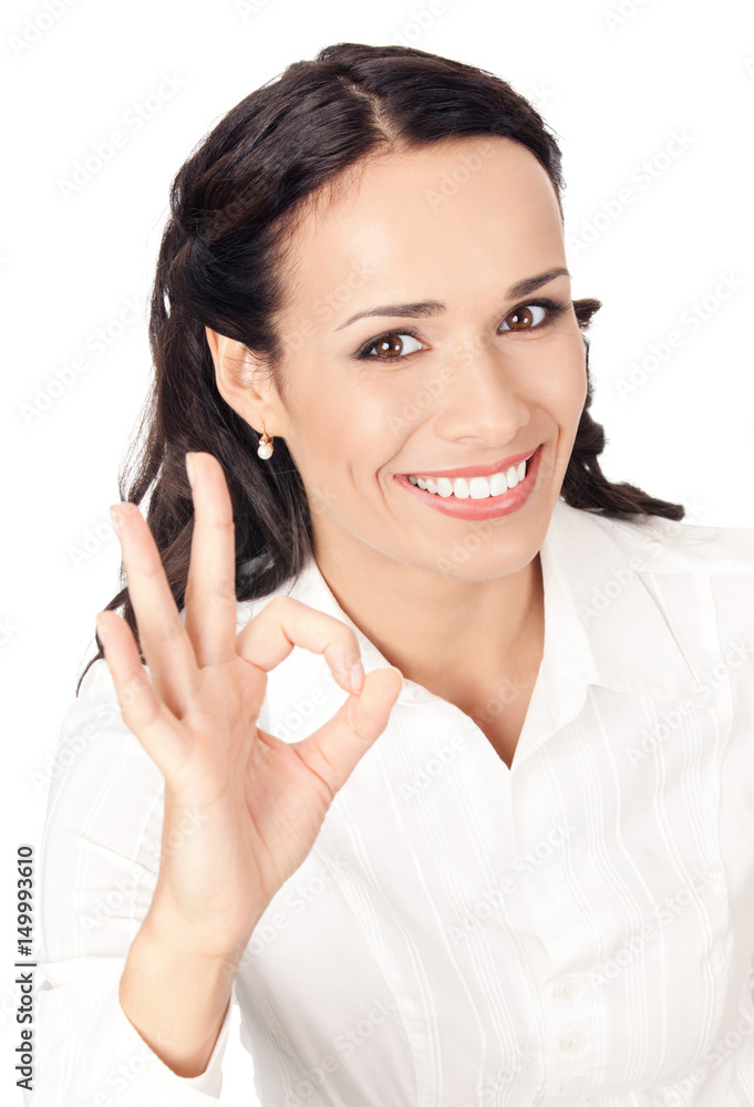 Business woman with okay gesture, on white Business woman with okay gesture, on white