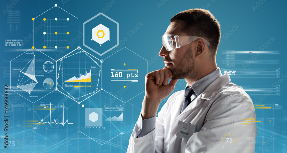 doctor or scientist in lab coat and safety glasses doctor or scientist in lab coat and safety glasses