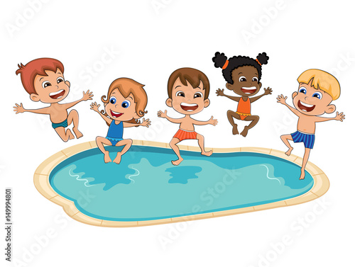 Happy kids jumping in swimming pool