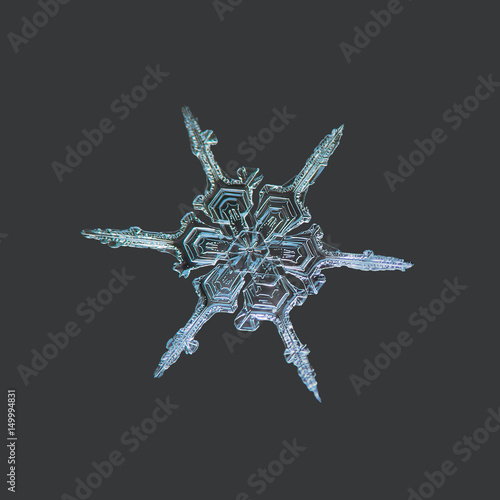 Snowflake isolated on uniform gray background. This is macro photo of real snow crystal: with straight, simple, narrow arms and big hexagonal center, formed by six sectors with complex inner pattern.