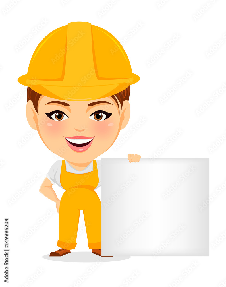 Builder woman. Funny female worker with big head standing near blank sign. Humorous cartoon character repairer. Vector illustration. Builder woman. Funny female worker with big head standing near blank sign. Humorous cartoon character repairer. Vector illustration.