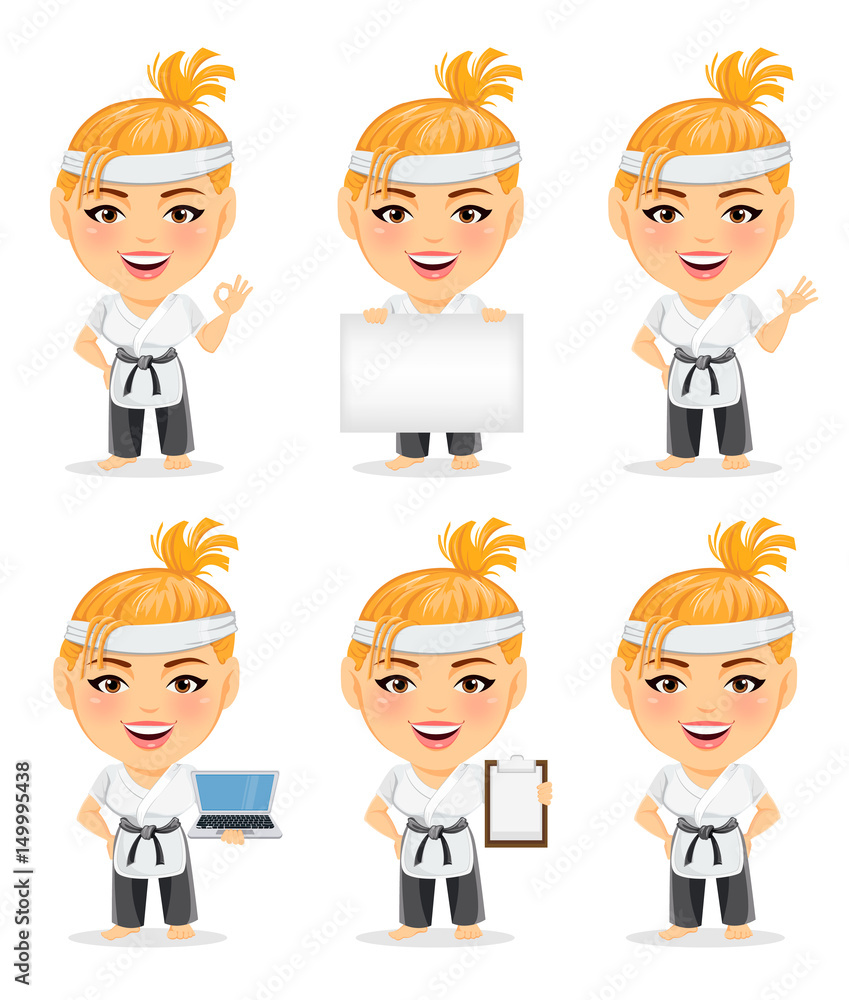 Karate woman in kimono. Smiling funny cartoon character with big head. Set of vector illustrations. Karate woman in kimono. Smiling funny cartoon character with big head. Set of vector illustrations.