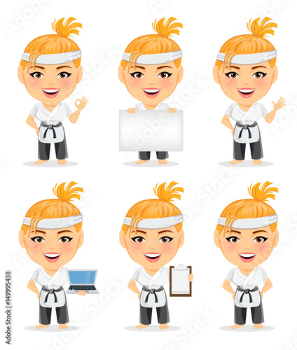 Karate woman in kimono. Smiling funny cartoon character with big head. Set of vector illustrations.
