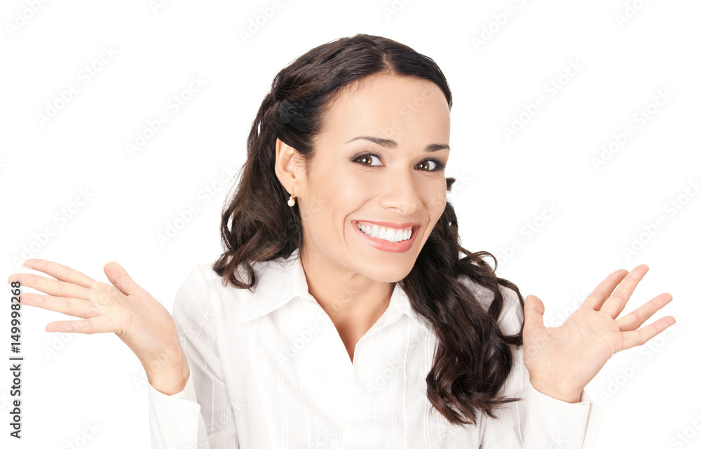 Happy gesturing smiling business woman, isolated Happy gesturing smiling business woman, isolated