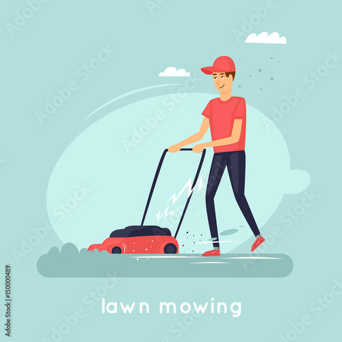 Guy mowing grass. Flat vector illustration in cartoon style.