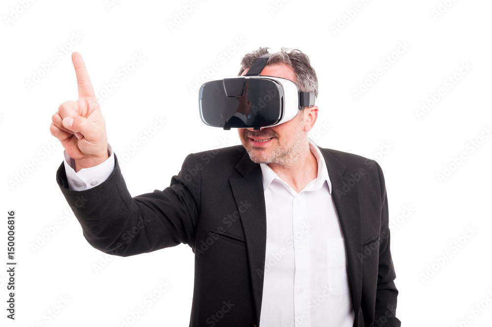 Man wearing virtual reality goggles for video games Man wearing virtual reality goggles for video games