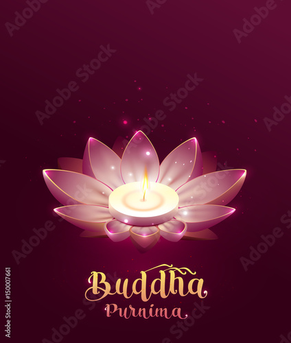 Buddha Purnima Vesak day lettring text greeting card. Lotus flower and burning candle
