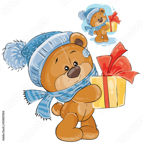 Vector clip art art illustration of a teddy bear in a knitted cap and scarf h...