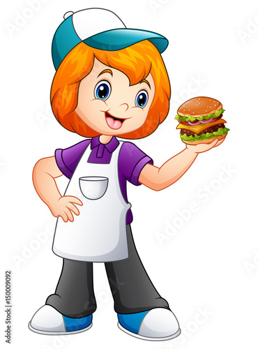 Fast food waitress girl showing a hamburger