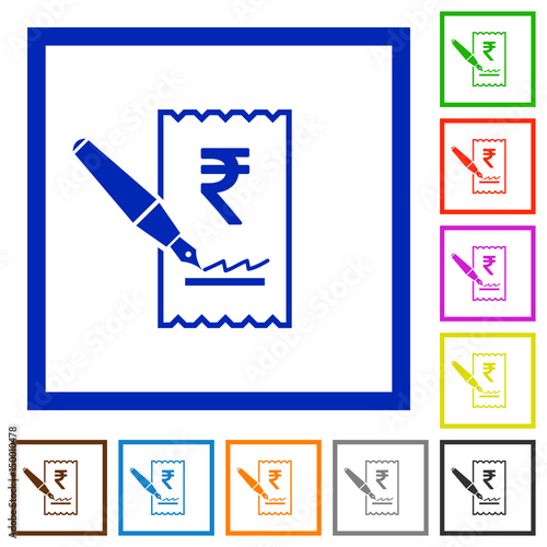 Signing Rupee cheque flat framed icons