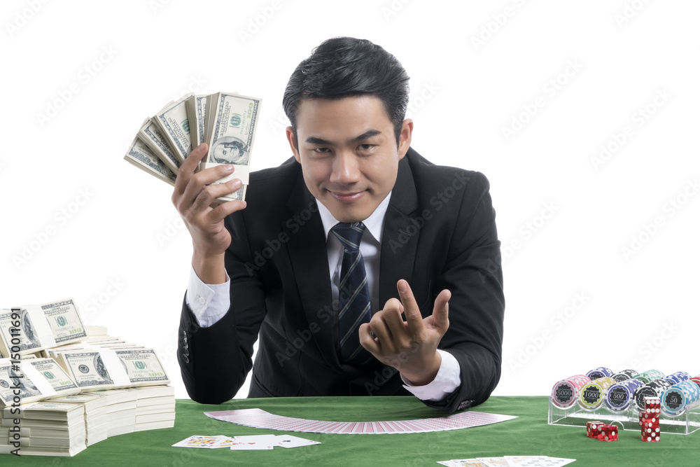 Ταπετσαρία The dealer man trigeer finger invite to a gambler and show a lot of money in han