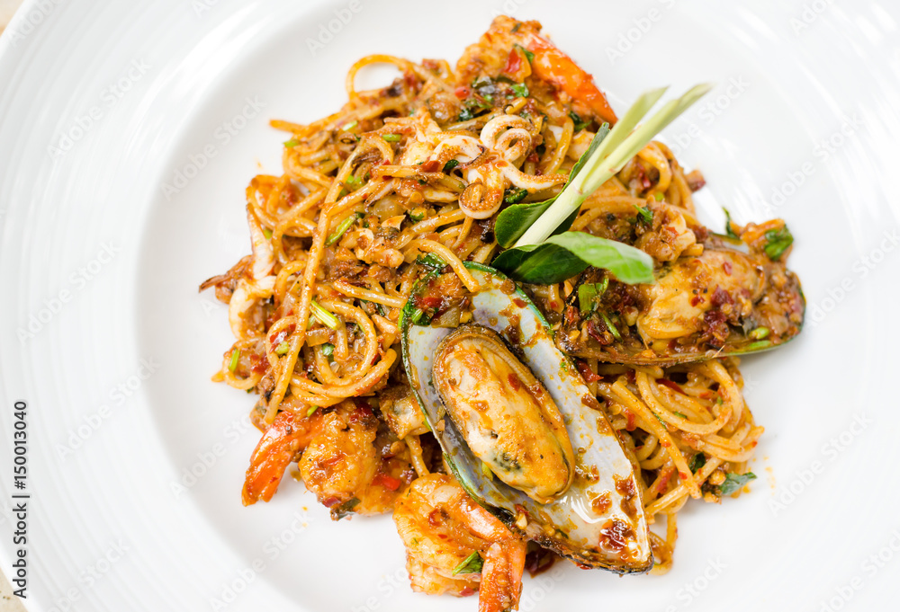 Spicy Seafood Spaghetti, Fusion Food, seafood. Selective focus,