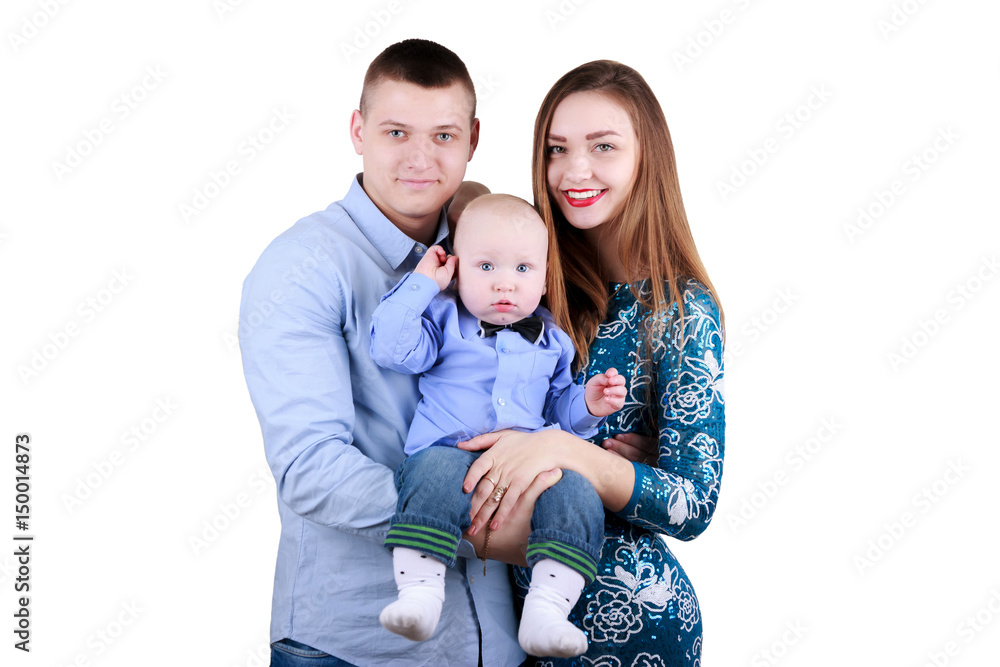 Happy family on White Background. Family for site. Cute baby. Happy family on White Background. Family for site. Cute baby.