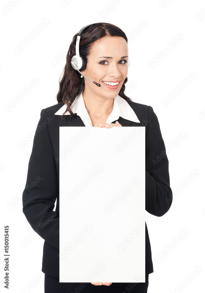 Support phone operator with signboard, isolated Support phone operator with signboard, isolated