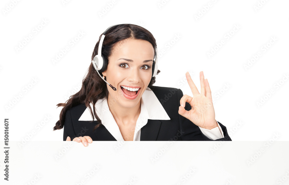 Support phone operator with signboard, isolated Support phone operator with signboard, isolated