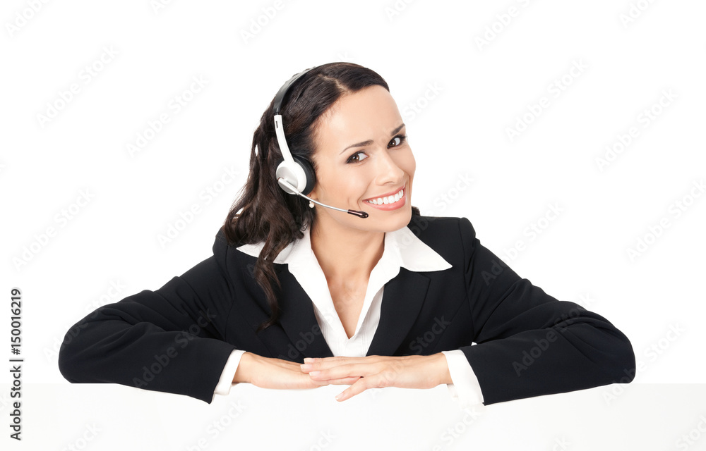 Support phone operator with signboard, isolated Support phone operator with signboard, isolated