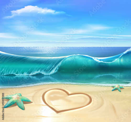 Wallpaper Mural Illustration of a beautiful seaside with ocean waves and seashore covered in san