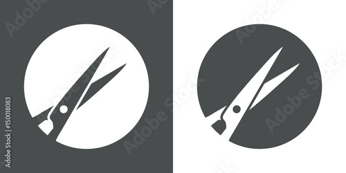 Icono plano circulo con tijeras gris y blanco