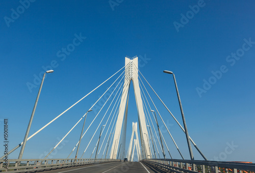 Муромский вантовый мост через реку Оку. Самый красивый мост России. Владимирская область, город Муром, Россия.