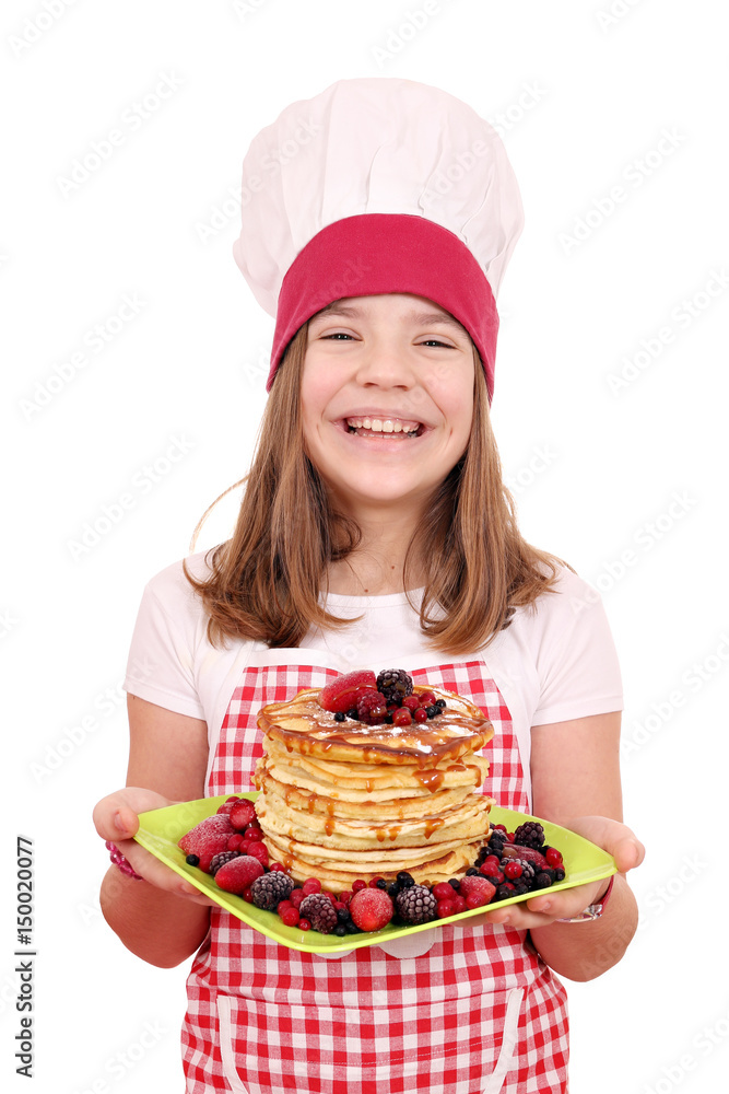 happy little girl cook with American pancakes happy little girl cook with American pancakes