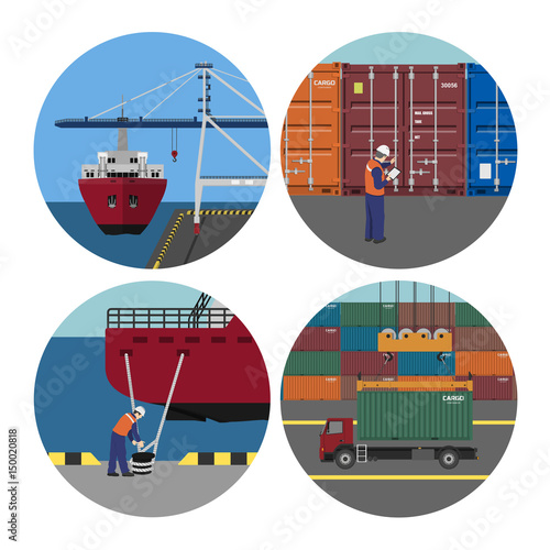 Port services. Loading containers on ships. Workers in harbor