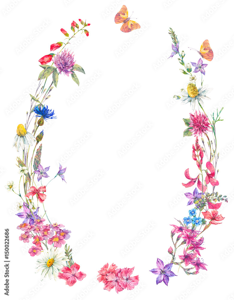 Watercolor summer wreath with wildflowers.