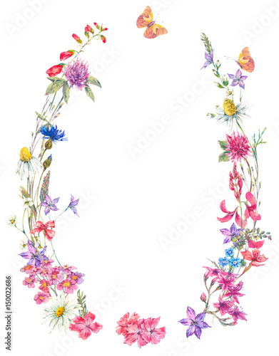 Watercolor summer wreath with wildflowers.