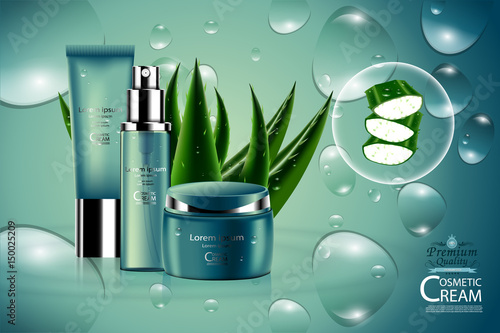 Luxury cosmetic Bottle package skin care cream, aloe vera moisturizer facial gel, Beauty cosmetic product poster, with bokeh and water drop background