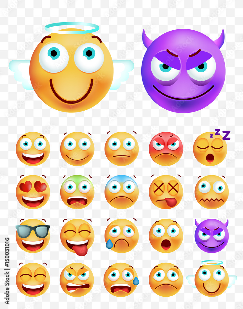 Set of Cute Emoticons on White Background. Isolated Vector Illustration