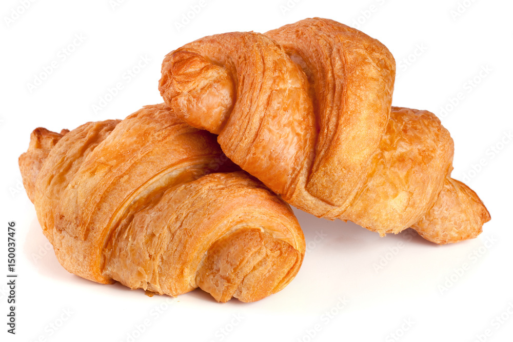 two croissant isolated on white background closeup two croissant isolated on white background closeup