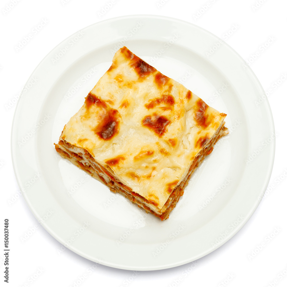 Portion of tasty lasagna isolated on white