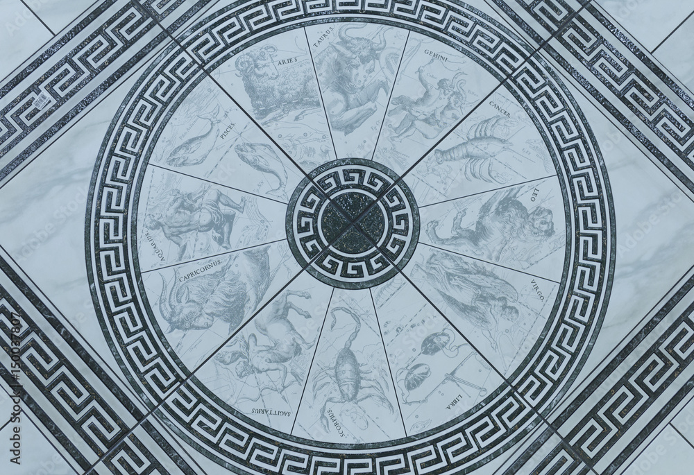 Sacred geometry. Zodiac circle with horoscope signs. Astrological symbols: Aries; Taurus; Gemini; Cancer; Leo; Virgo; Libra; Scorpio; Sagittarius; Capricorn; Aquarius and Pisces