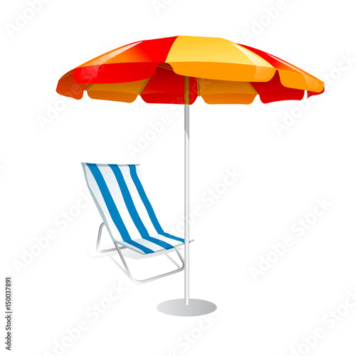 Parasol and deck chairs on white background