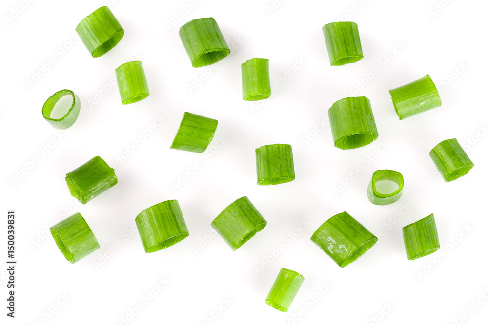 Chopped fresh green onions isolated on white background. Top view Stock  Photo