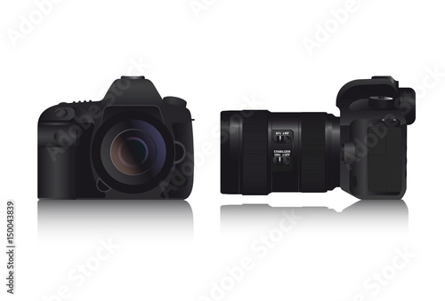 Realistic full frame professional photo camera DSLR with zoom lens and image stabilizer. Vector illustration.