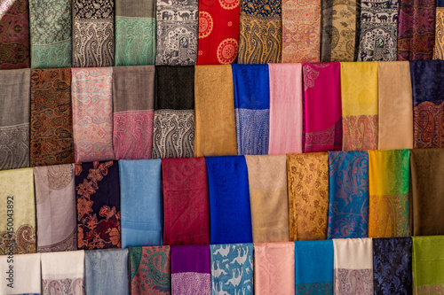 Traditional arabic scarves/shawls on an arabic market (souq), Dubai, United Arab Emirates