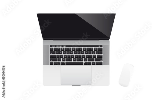 Realistic modern laptop with wireless mouse isolated on white background. Blank screen. Top view. Vector illustration.