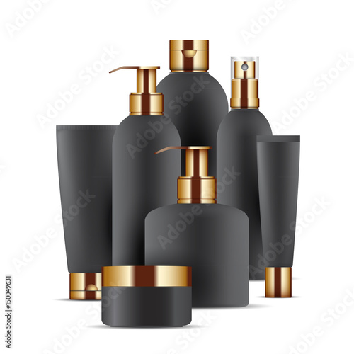 Set of black cosmetic packaging with golden caps, isolated on white background.