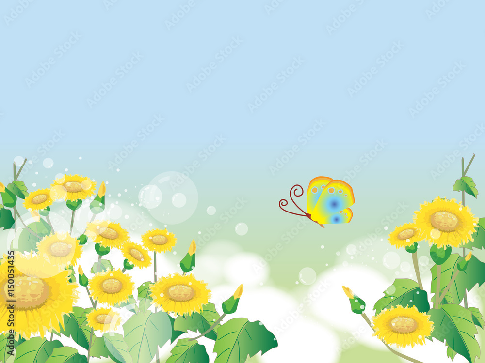 Obraz premium Floral summer or spring landscape, meadow with flowers, blue sky and butterflies